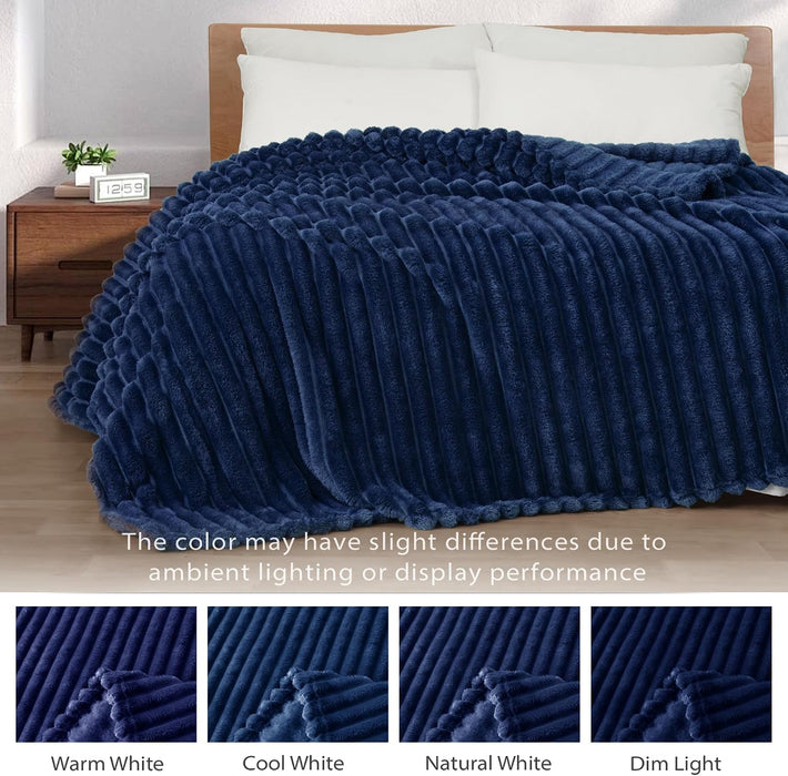 Striped Fleece Throw Blanket for Couch, Sofa, Navy Blue