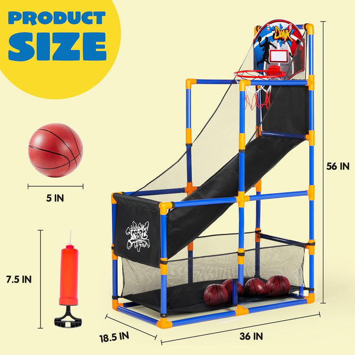 Arcade Basketball Game Set with 4 Balls and Hoop for Kids 3+ Years Old Indoor Outdoor Sport Play - Easy Set Up - Air Pum