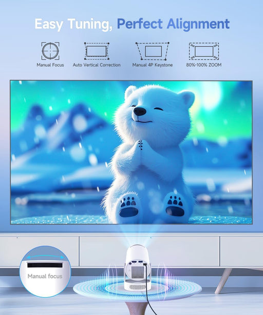 Mini Projector with WiFi 6 and Bluetooth 5.4, Portable Projector 4K Support, 5W Soundbase Speaker, Auto Vertical Keyston