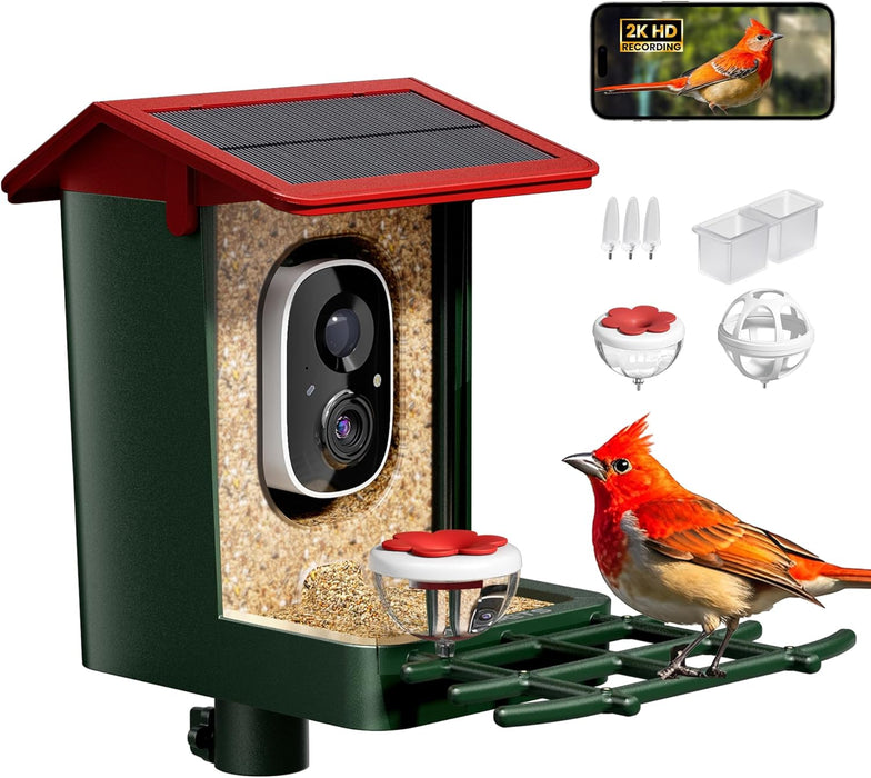 Smart Bird Feeder with Camera Solar Powered, 2K HD Video, AI Bird Species Identification, Instant Arrival Alerts, Weathe