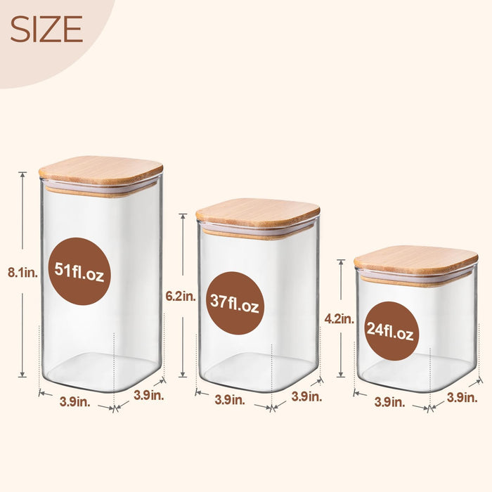 Glass Pantry Storage Containers (0.7Qt/1.2Qt/1.6Qt) Set of 6, Square