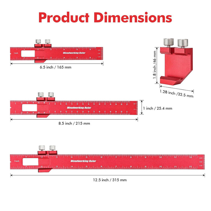 3PCS Woodworking Ruler Set, Precision Measuring Tool for Layout