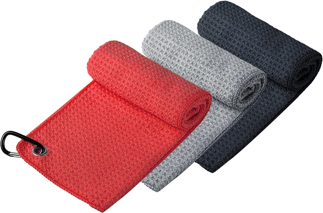 Microfiber Golf Towel (16" X 16") with Carabiner Clip, Waffle Pattern Golf Towel Hook and Loop Fastener - The Convenient Golf Cleaning Towel