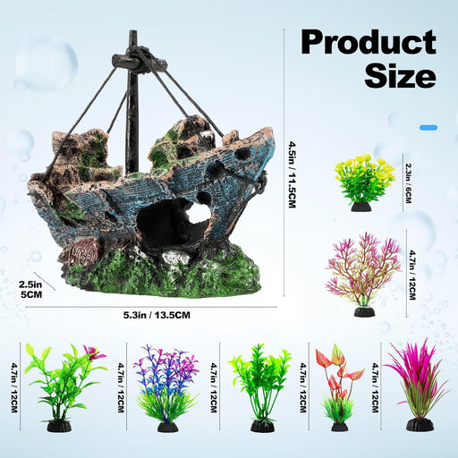 8Pcs Fish Tank Decorations Set Sunken Ship Decoration,Resin Material Fish Tank Accessories Accessories for Natural Look,