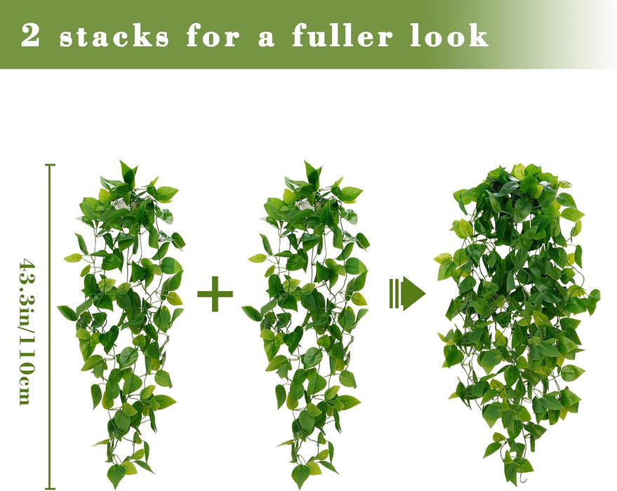 Fake Hanging Plants, 2pcs Artificial Pothos Vines Faux Plants Greenery for Wall Home Living Room Office Indoor Outdoor D