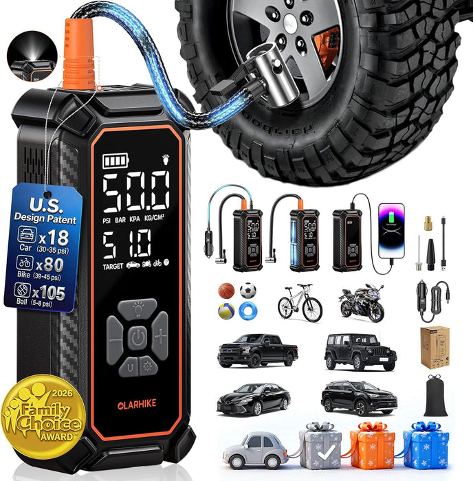 Tire Inflator Portable Air Compressor,Dual Power-3*2000mAh &12V DC