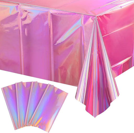 4 Pack Iridescent Pink Plastic Tablecloths,  Shiny Disposable Laser Rectangle Table Covers, Holographic Foil Tablecloth Iridescent Party Decorations for Kpop Birthday Wedding Xmas, 54x108Inch