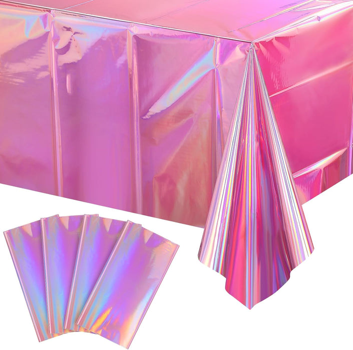 4 Pack Iridescent Pink Plastic Tablecloths,  Shiny Disposable Laser Rectangle Table Covers, Holographic Foil Tablecloth Iridescent Party Decorations for Kpop Birthday Wedding Xmas, 54x108Inch