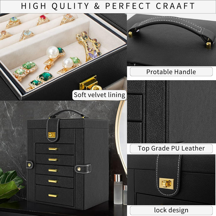6-Tier Jewelry Box Organizer 5 Drawers Storage Black Regular