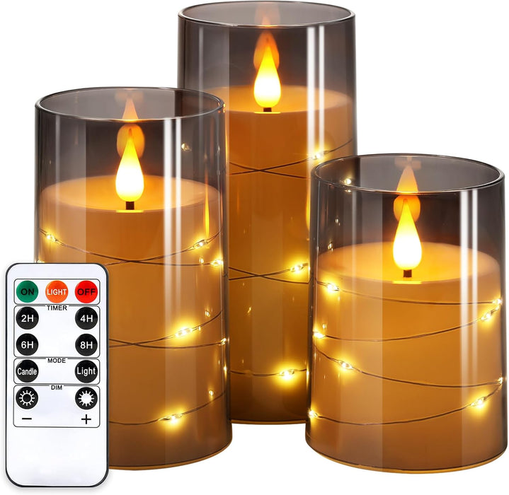 Flickering Flameless Candles: Built-in Star String Lights 3D Wick Acrylic Battery Operated LED Pillar Candles with Remote and Timer for Fall Halloween Christmas Home Decoration - 3 Pack Gray