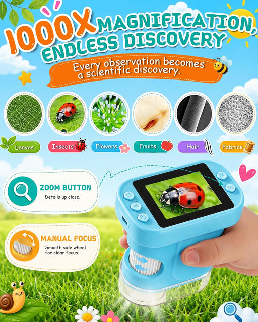 1000X Kids Handheld Digital Microscope, 32GB SD Card, 2.4" IPS Screen