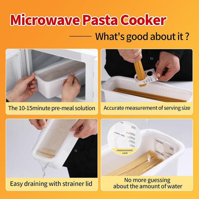 Microwave Pasta Cooker with Strainer Lid & Built-in Measuring Card