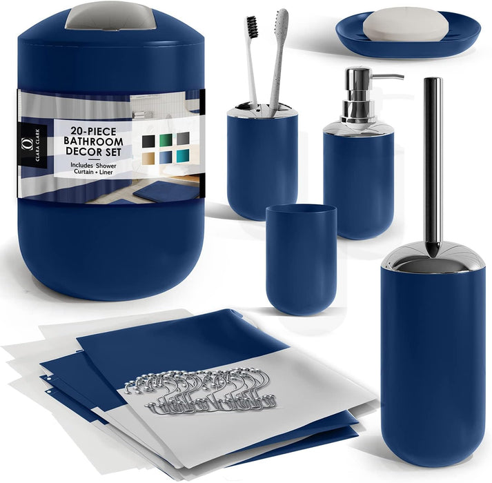 Bathroom Set - Navy Bathroom Accessories Set, 20PC Bathroom Accessory Set, Shower Curtain Set with Liner, Toothbrush Holder, Soap Dispenser, Soap Dish, Toilet Brush Holder, and Trash Can
