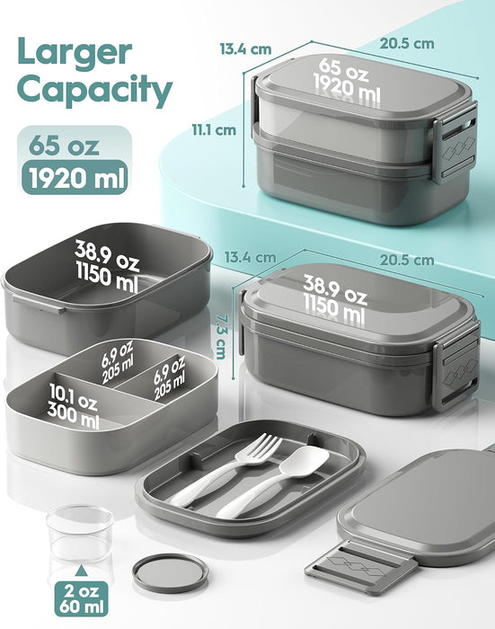 Bento Box Adult Lunch Box, 65 Oz Capacity Lunch Containers(Adjustable 2/3 Tier), BPA-Free, Leak-Proof and Stackable Bent