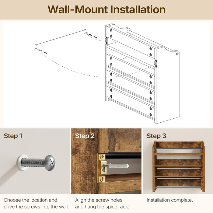 Spice Rack, 4 Tier Wall Mount & Countertop Organizer, Industrial Spice Holder, for Kitchen Countertop and Cabinet, Compa
