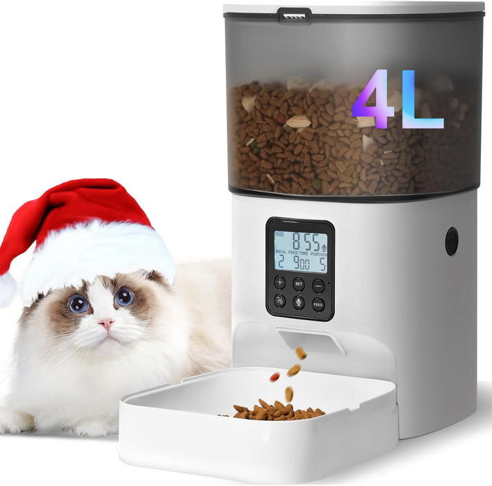 Automatic Cat Feeder, 4L Cat Food Dispenser with 10s Voice Recorder, Pet Feeder up to 8 Meals per Day, Timed Dog Feeder 