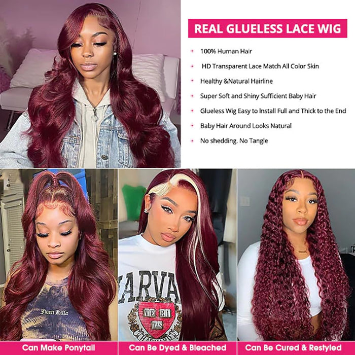 Wear and Go Glueless Wigs Human Hair Pre Plucked Pre Cut 5x5 HD Lace Closure Wigs Human Hair 99j Burgundy Lace Front Wigs Human Hair for Beginners 180% Density Body Wave Ready to Wear Wigs 20 Inch