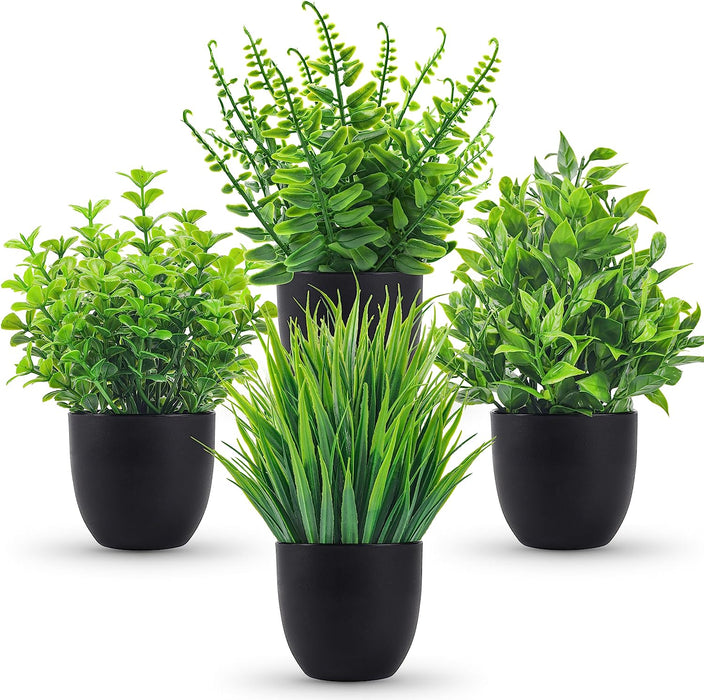 4 Pack Mini Fake Plants in Black Pots, 7" Bathroom & Desk Decor