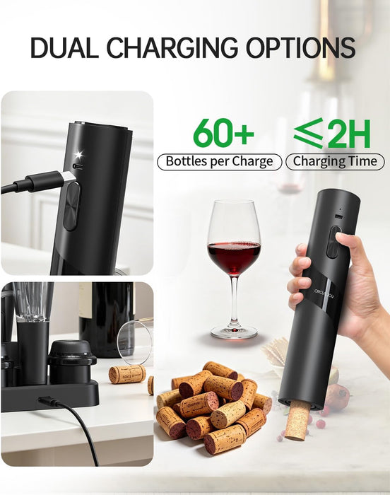 Electric Wine Opener Rechargeable, 7-in-1 Automatic Wine Bottle Opener Gift Set with Electric Vacuum Pump, Foil Cutter, Aerator Pourer, 2 Stoppers & Charging Base, Black