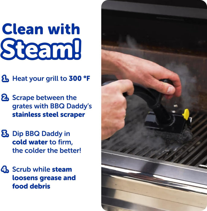 BBQ Daddy Grill Cleaner Kit - Bristle Free Grill Brush with Refill + 2 Steel Scour Daddy Grill Sponges - Built-in Grill Scraper - Temperature Controlled Grill Cleaning Tools (4 Count)
