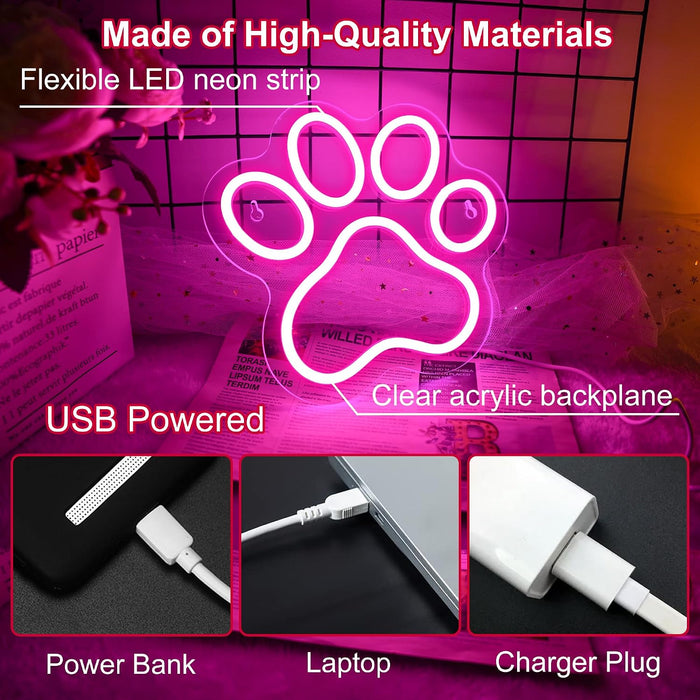 Dog Cat Paw Neon Sign for Wall Decor, Dimmable Pink Foot Print LED Signs