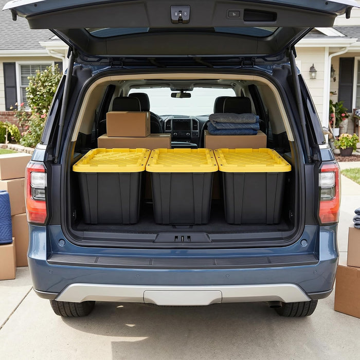 6 Pack 27 Gallon Heavy Duty Storage Bins with Snap Lids, Durable Plastic Storage Totes with Stackable Black Containers & Yellow Latching Covers for Home Garage Moving Organization