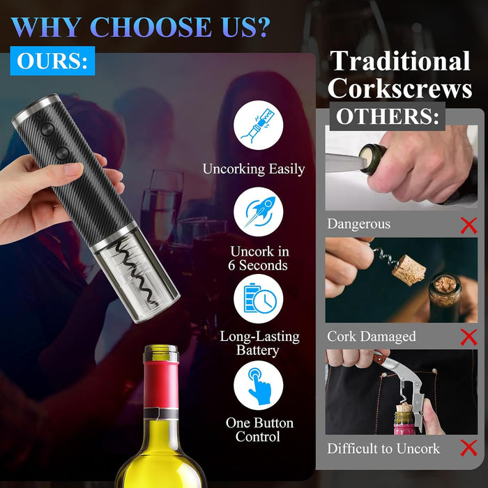 Electric Wine Opener, Rechargeable Electric Wine Bottle Opener with Foil Cutter, Type-C Charging, One-Touch Operation for Home and Party Use