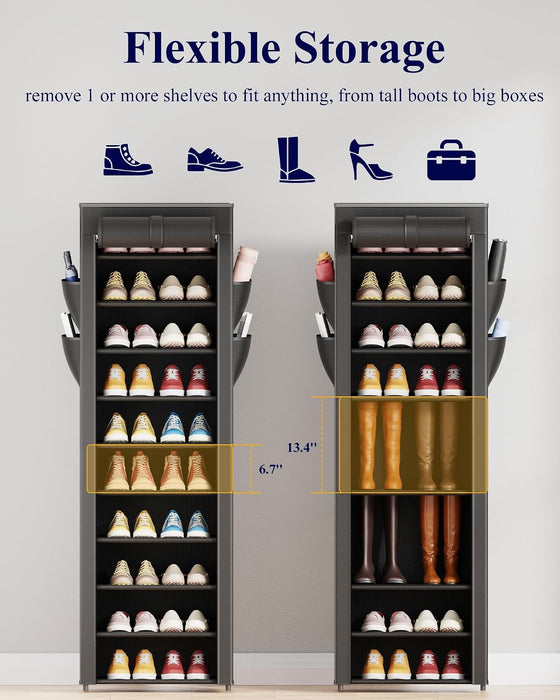 10-Tier Shoe Rack with Cover, Vertical Shelf, 17.5" Wide, Black