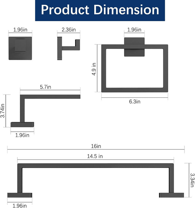 Bathroom Hardware Accessories Set, 5-Piece 16In Black Wall Mounted