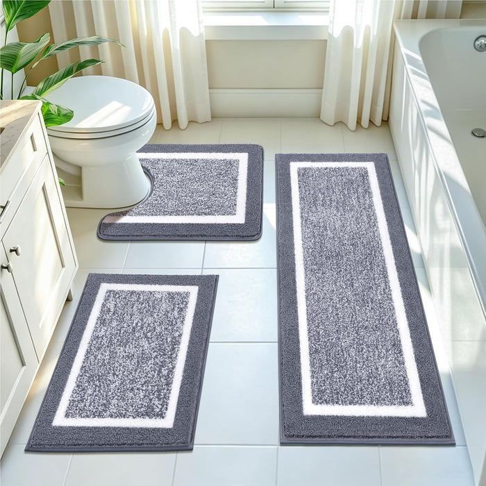 Bathroom Rugs 3 Piece Set, Non Slip Washable Bath Mat, Dark Grey