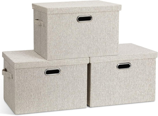 Large Quart Collapsible Stackable Storage Bins with Lids, 3 Packs Beige Linen Fabric Closet Boxes with Lids, Storage Cub
