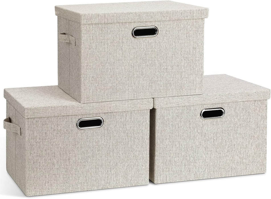 Large Quart Collapsible Stackable Storage Bins with Lids, 3 Packs Beige Linen Fabric Closet Boxes with Lids, Storage Cub