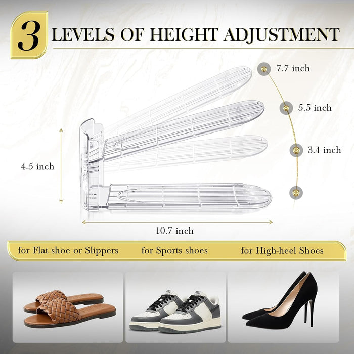 Shoe Slots Organizer 12 Pack - Shoe Stacker,3 Levels Adjustable,Space Savers 50%,Double Layer Holders for Closet (Transp