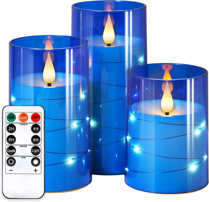 Flickering Flameless Candles: 3D Wick Built-in Star String Lights Acrylic Unbreakable Battery Operated LED Pillar Candles with Remote and Timer - 3 Pack for Wedding Valentine's Day Decor