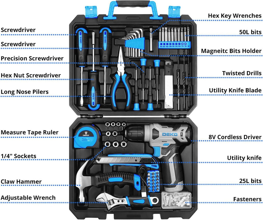 Drill Set: Tool Set with 8V Blue Cordless Drill, Home Tool Kit with Drill, Hand Tool Kits for Women 126 Piece