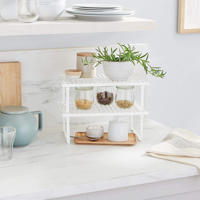 Space-Saving Stackable Metal Kitchen Cabinet Organizer Shelves for Dishes, Pantry Organization, 12.5" L x 8" D x 4.5" H, Set of 2, White