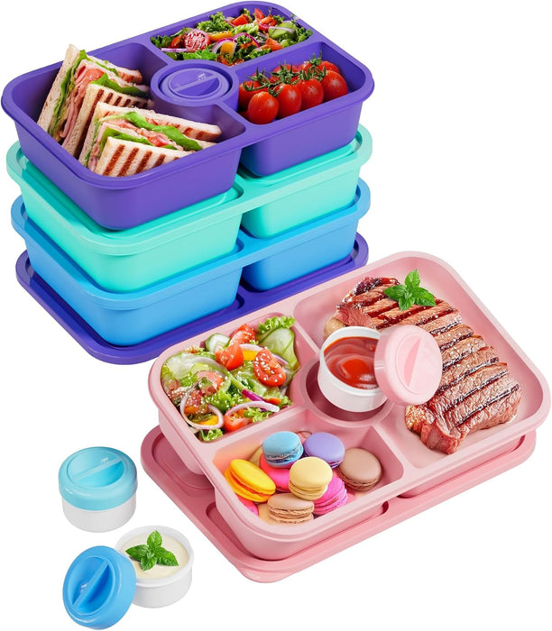 4 Pcs Bento Snack Box Containers, 4 Compartment Divided Stackable Food Storage Containers with Lids, Meal Prep Lunch Con