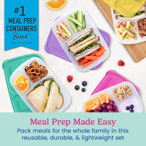 Easyboxes - Original Stackable Lunch Boxes - Reusable 3-Compartment Food Containers for Kids and Adults - Bento Lunch Box for Meal Prep, School, & Work - BPA Free, Set of 4 (Brights)