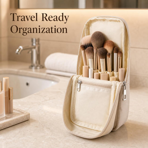 Small Standing Makeup Brush Bag & Holder, Beige Travel Cosmetic Case