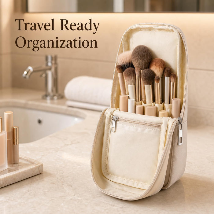 Small Standing Makeup Brush Bag & Holder, Beige Travel Cosmetic Case