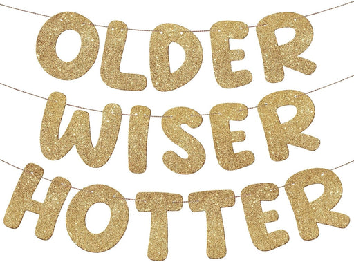 Older Wiser Hotter Banner Birthday sign, Champaign Gold