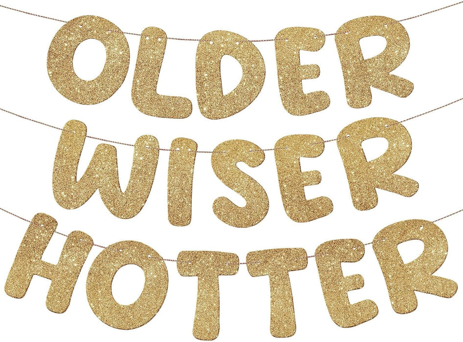 Older Wiser Hotter Banner Birthday sign, Champaign Gold