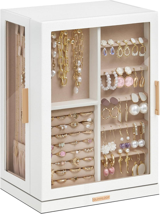 360° Rotating Jewelry Box with 7 Drawers, Spacious Vertical Jewelry Organizer with Glass Window, Jewelry Storage Case, Dustproof & Moisture-resistant Design, White