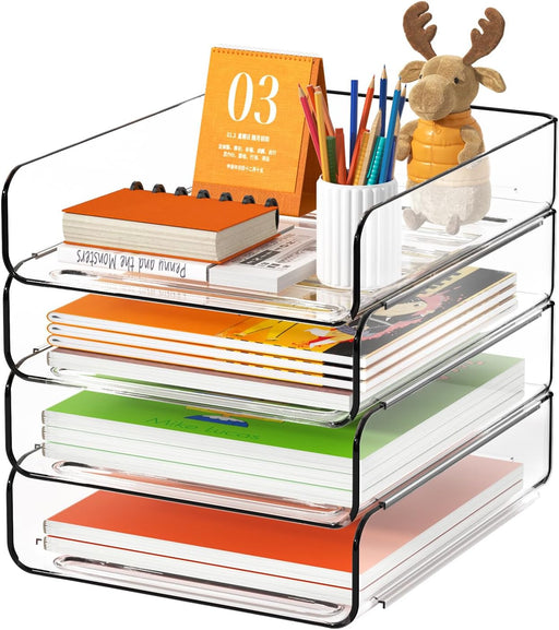 4-Tier Acrylic Paper Tray Organizer, Clear Stackable Desk File Organizer for Documents, Files, Letters, A4 Paper, Books,