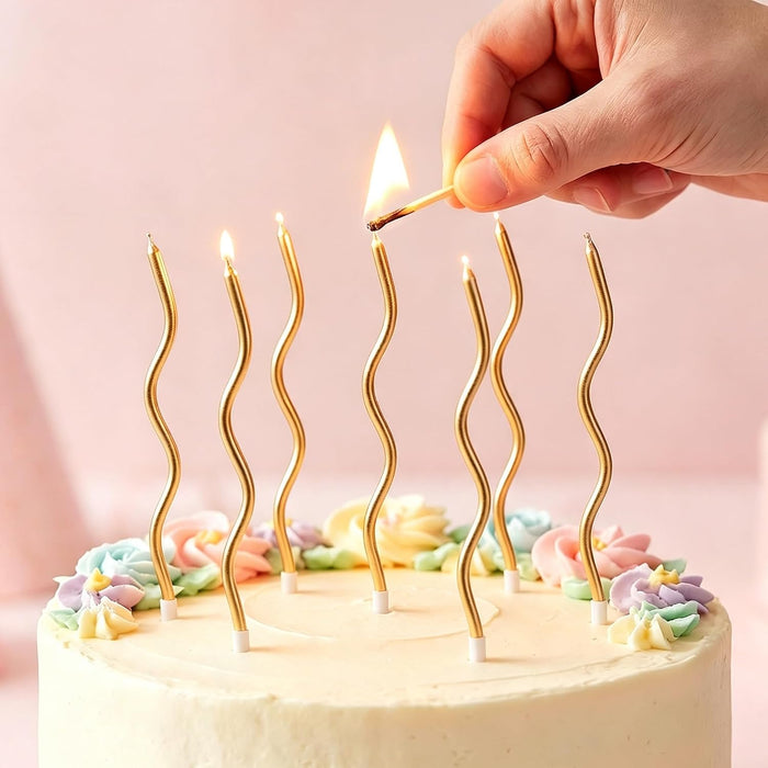 24-Count Gold Spiral Long Thin Metallic Birthday Candles, Cake Candles, Birthday Parties, Wedding Decorations, Party Candles