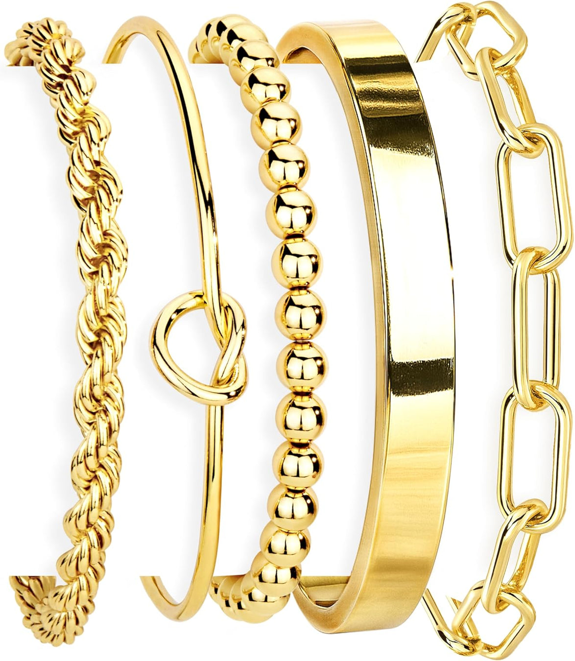 Gold Bracelets Set for Women Non Tarnish, Waterproof 14K Gold Plated Sterling Silver Chunky Cuff Bracelet Stackable Gold Bangles Bracelet for Women Trendy Fashion Accessories Tie Knot Cuban Rope Paperclip Beaded Bracelet Stack Jewelry Mothers Day Gifts for Mom Birthday