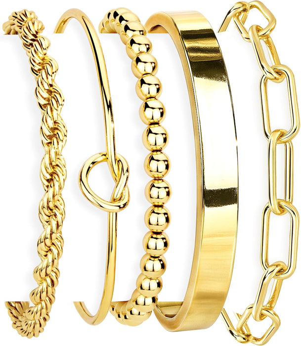 Gold Bracelets Set for Women Non Tarnish, Waterproof 14K Gold Plated Sterling Silver Chunky Cuff Bracelet Stackable Gold Bangles Bracelet for Women Trendy Fashion Accessories Tie Knot Cuban Rope Paperclip Beaded Bracelet Stack Jewelry Mothers Day Gifts for Mom Birthday