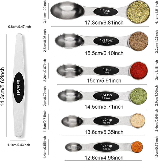 Magnetic Measuring Spoons Set Stainless Steel with Leveler, Stackable Metal Tablespoon Measure Spoon for Baking, Cups an