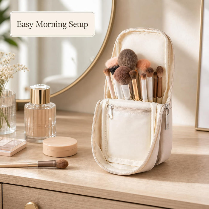 Small Standing Makeup Brush Bag & Holder, Beige Travel Cosmetic Case