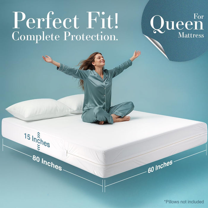 Waterproof Mattress Protector Queen Size, Zippered Mattress Encasement Bed Bug and Dust Mite Proof, Absorbent Six-Sided Mattress Cover